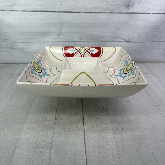 The Cellar GLOBAL 70's Floral Flowers White Ceramic Square 1 Piece Chip & Dip - Picture 4 of 16